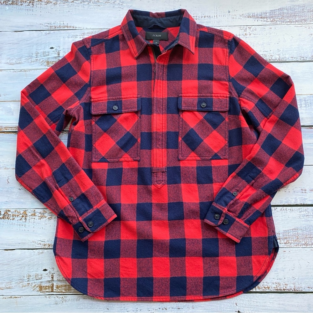 NWT J Crew Buffalo Plaid Check Flannel Shirt Red Black Cozy Popover Womens XS